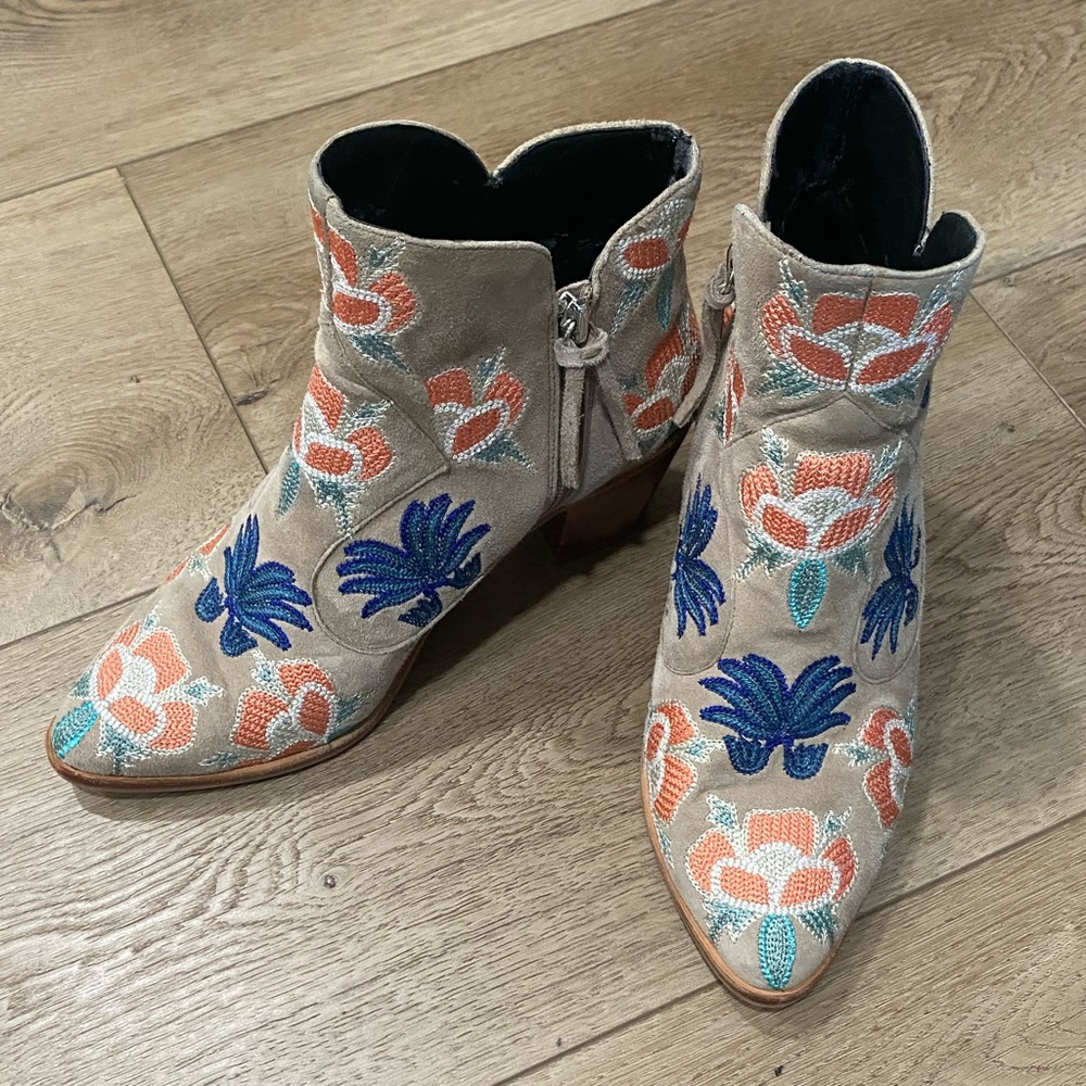 Rebecca Minkoff Suede Ankle Boots with Coral & Blue Embroidery coastal cowgirl